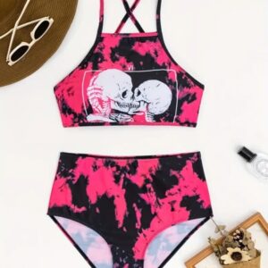 Vestido de baño bikini 2 piezas black & pink skulls