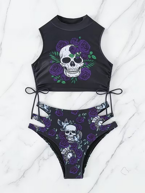 Vestido de baño bikini 2 piezas violet roses & skulls
