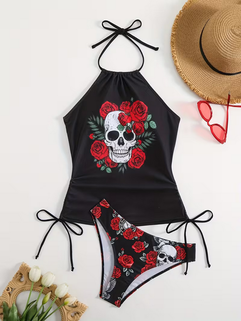 Vestido de baño bikini 2 piezas red roses & skulls